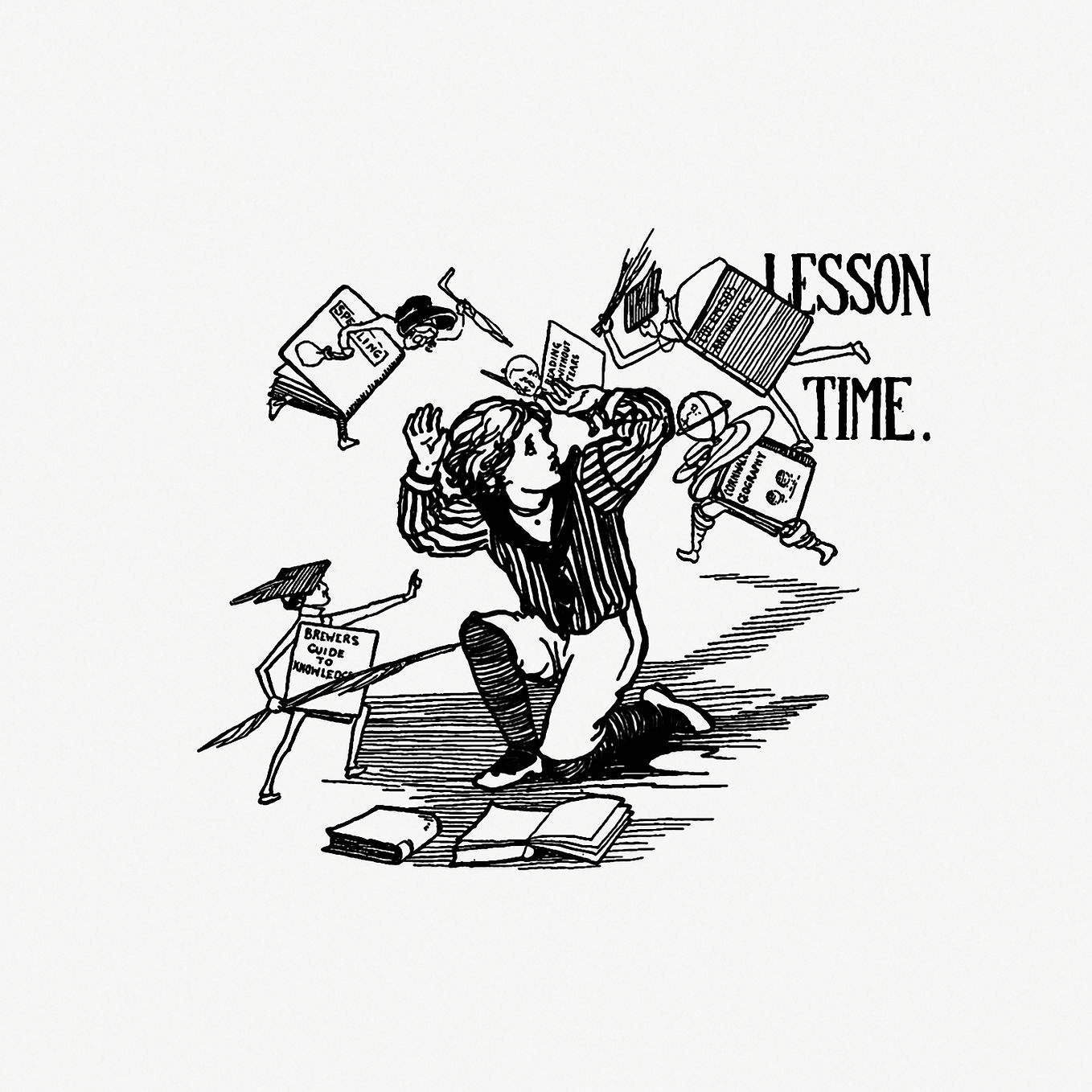 Image is an illustration of a figure cowering beneath school books and notebooks. Text reads “lesson time”.