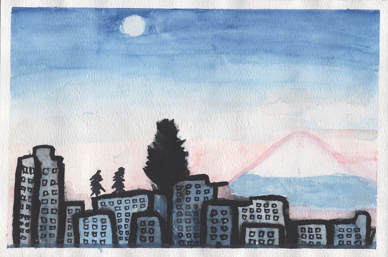Image is a watercolour painting of a city skyline with a mountain in the background. Painting is done by author Maia R. Becerra.