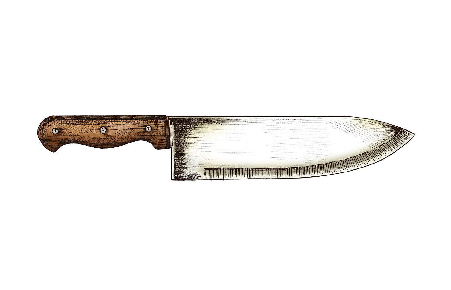 Image is an illustration of a butcher’s knife with a brown wooden handle.