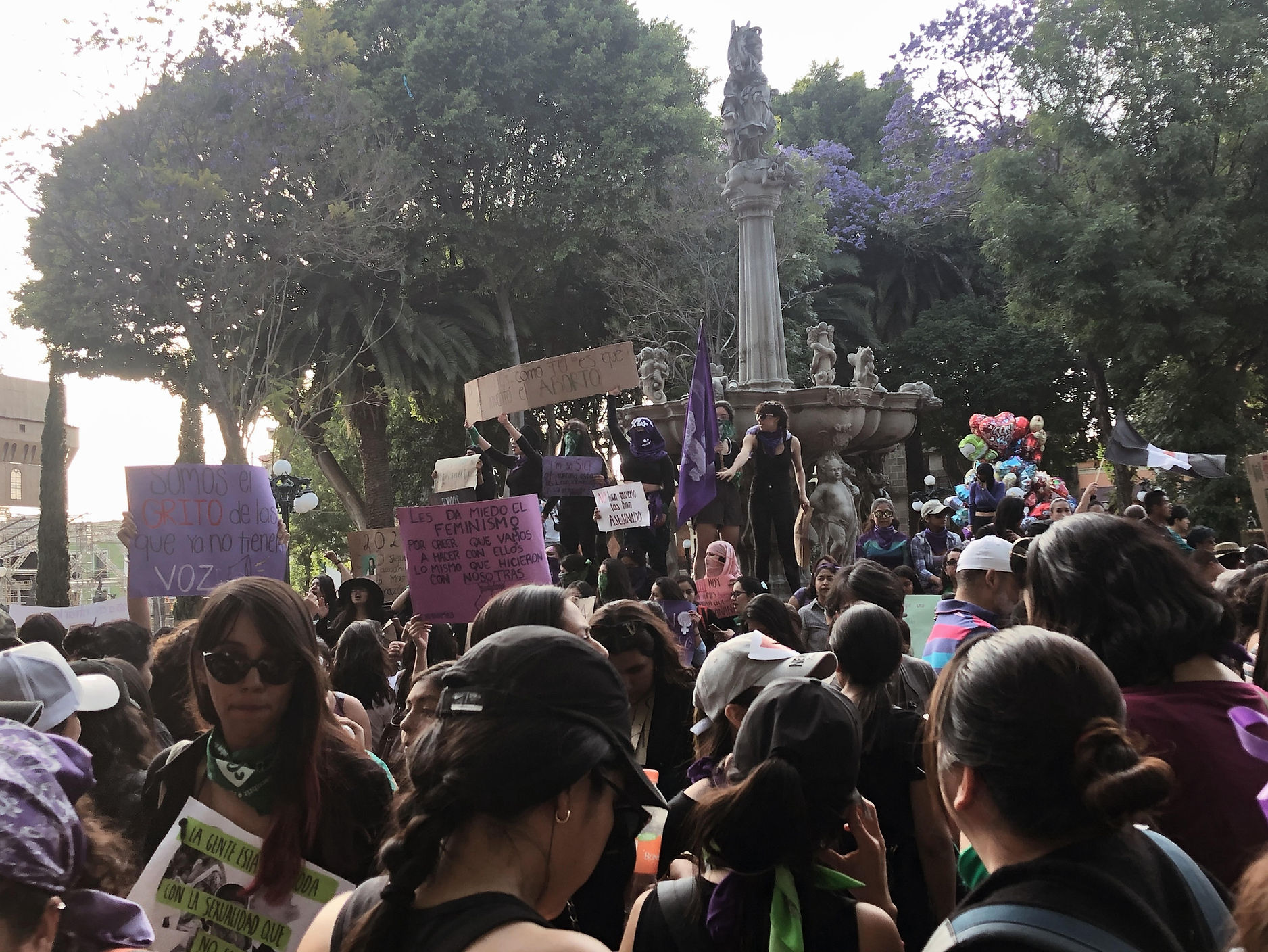Image of a large crowd of people gathered at a protest. There are people holding posters and signs.