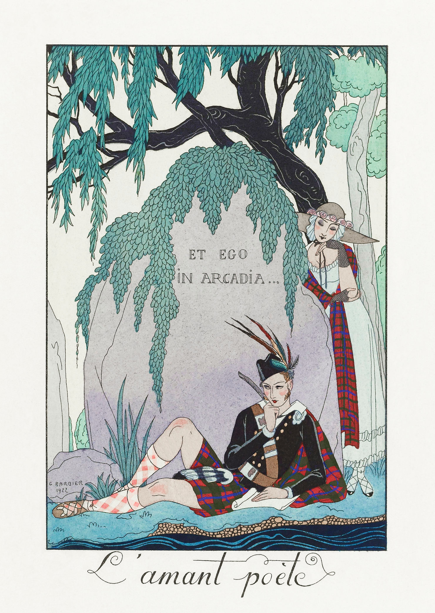 Image is a work entitled “L’Amant Poète” by artist George Barbier. Illustration is of two characters in colourful clothing. Text reads: “Et ego in Arcadia…”, with the pieces title indicated at the bottom of the image.