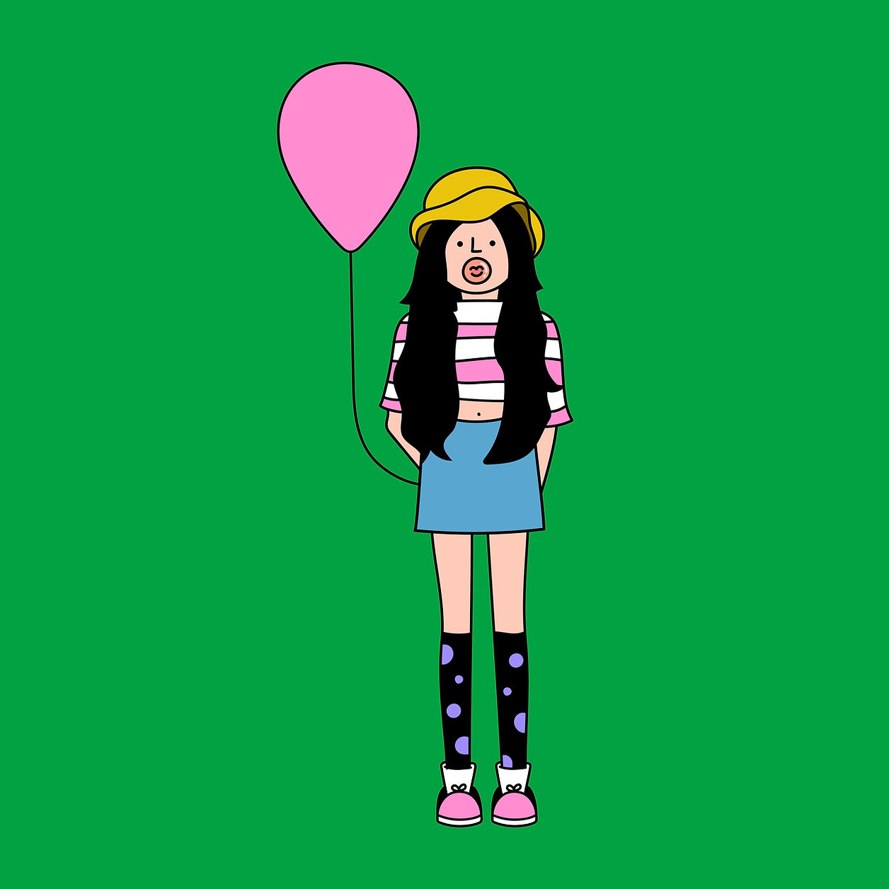 Image is an illustration of a girl against a green background. The girl wears a white and pink striped top, a blue skirt, knee high socks, and holds a pink balloon.