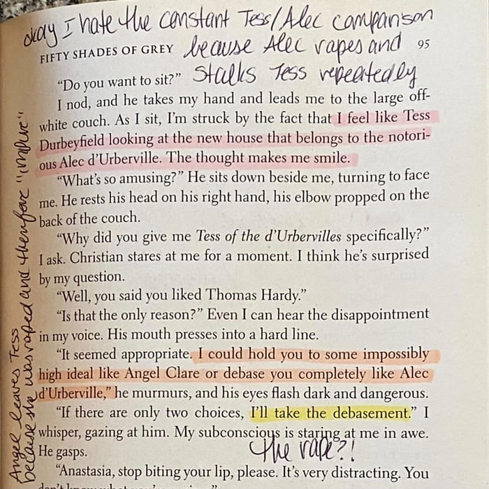 A page of a book, highlighted and with notes on Tess of the D’Urbervilles references in Fifty Shades of Grey